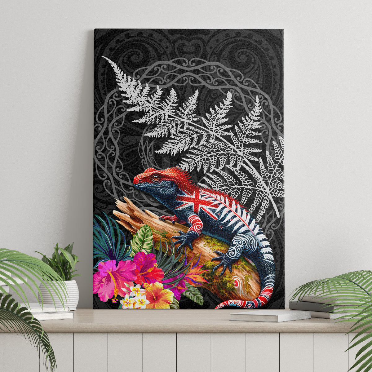 New Zealand Tuatara Canvas Wall Art Silver Fern Hibiscus and Tribal Maori Pattern Black Color LT03 - Polynesian Pride
