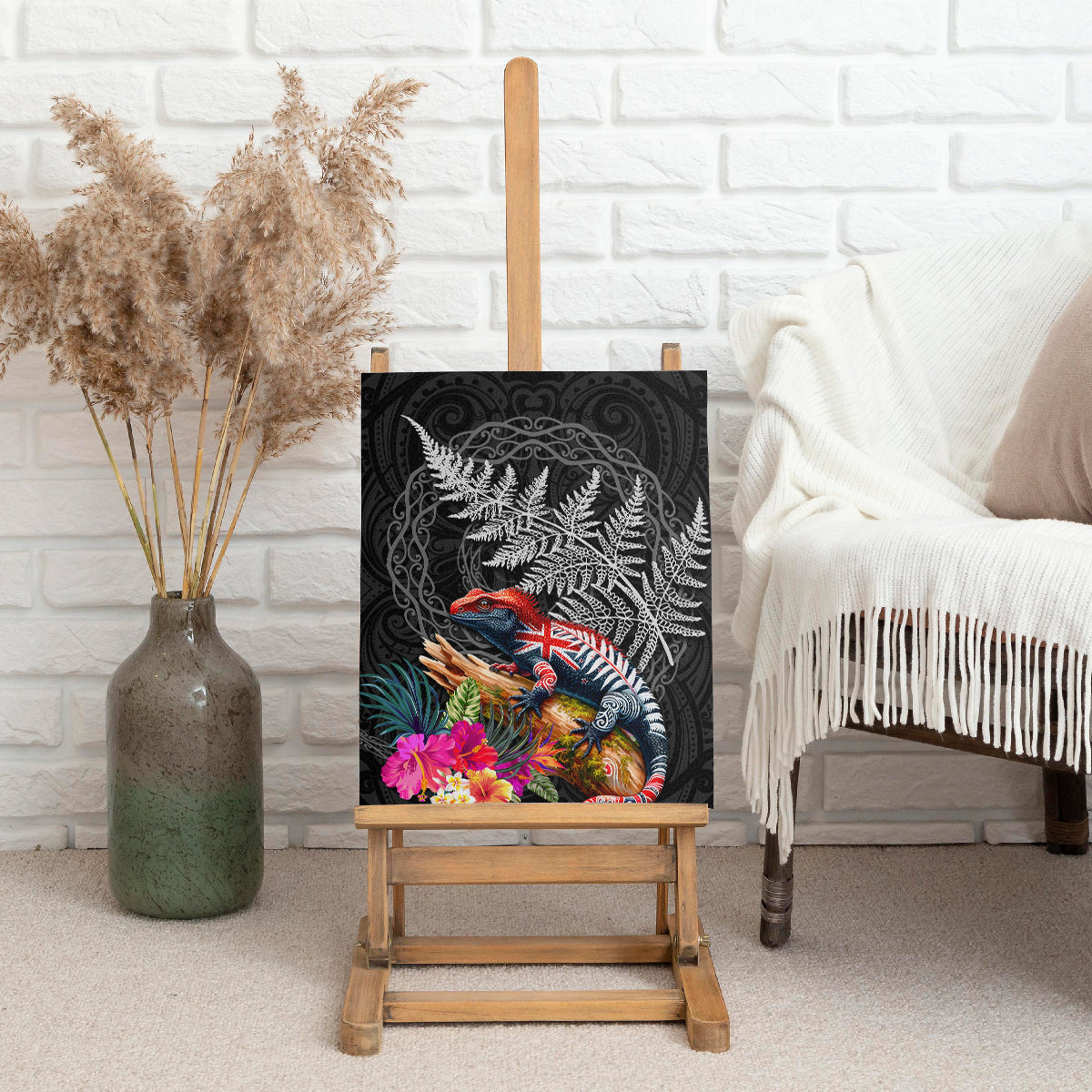 New Zealand Tuatara Canvas Wall Art Silver Fern Hibiscus and Tribal Maori Pattern Black Color LT03 - Polynesian Pride