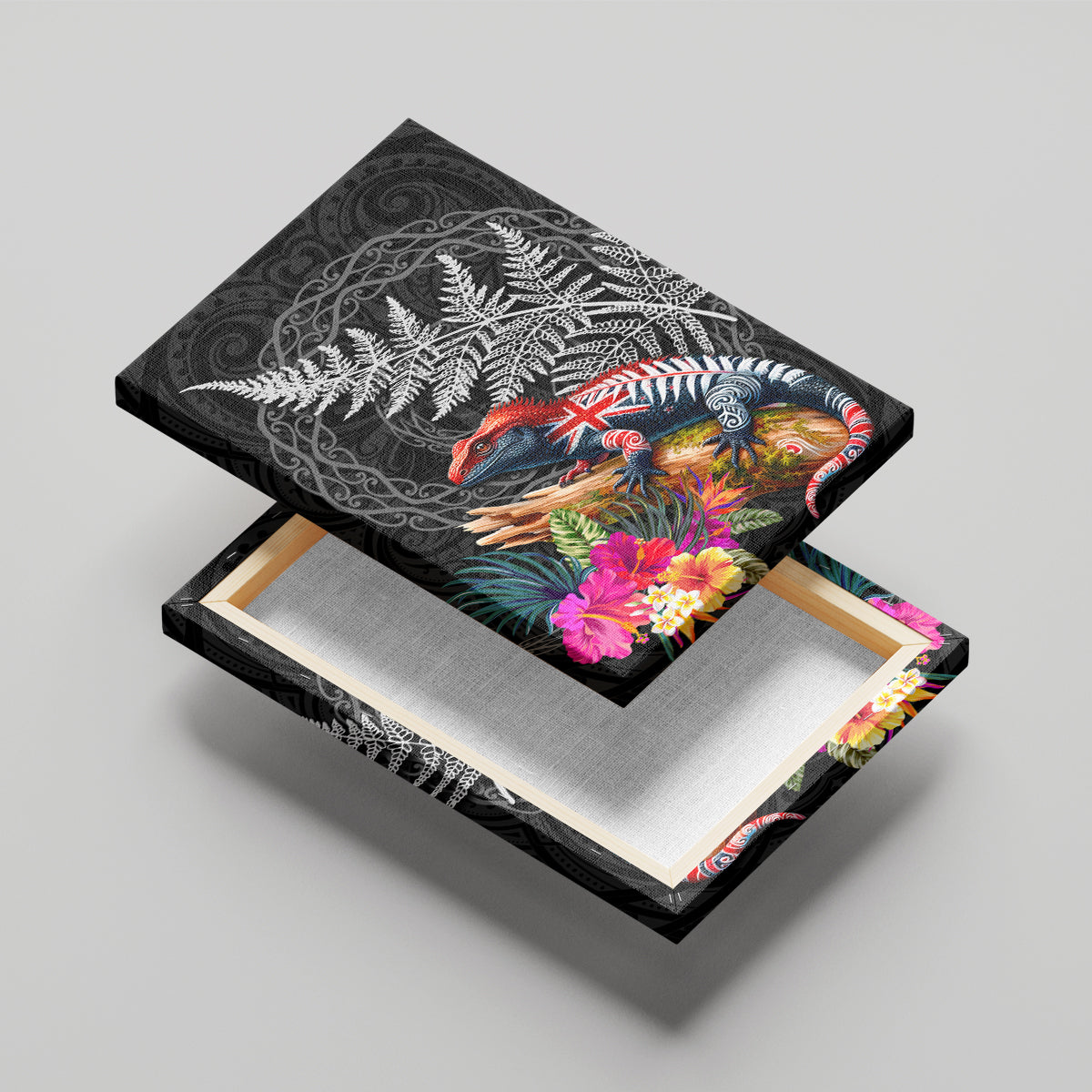 New Zealand Tuatara Canvas Wall Art Silver Fern Hibiscus and Tribal Maori Pattern Black Color LT03 - Polynesian Pride