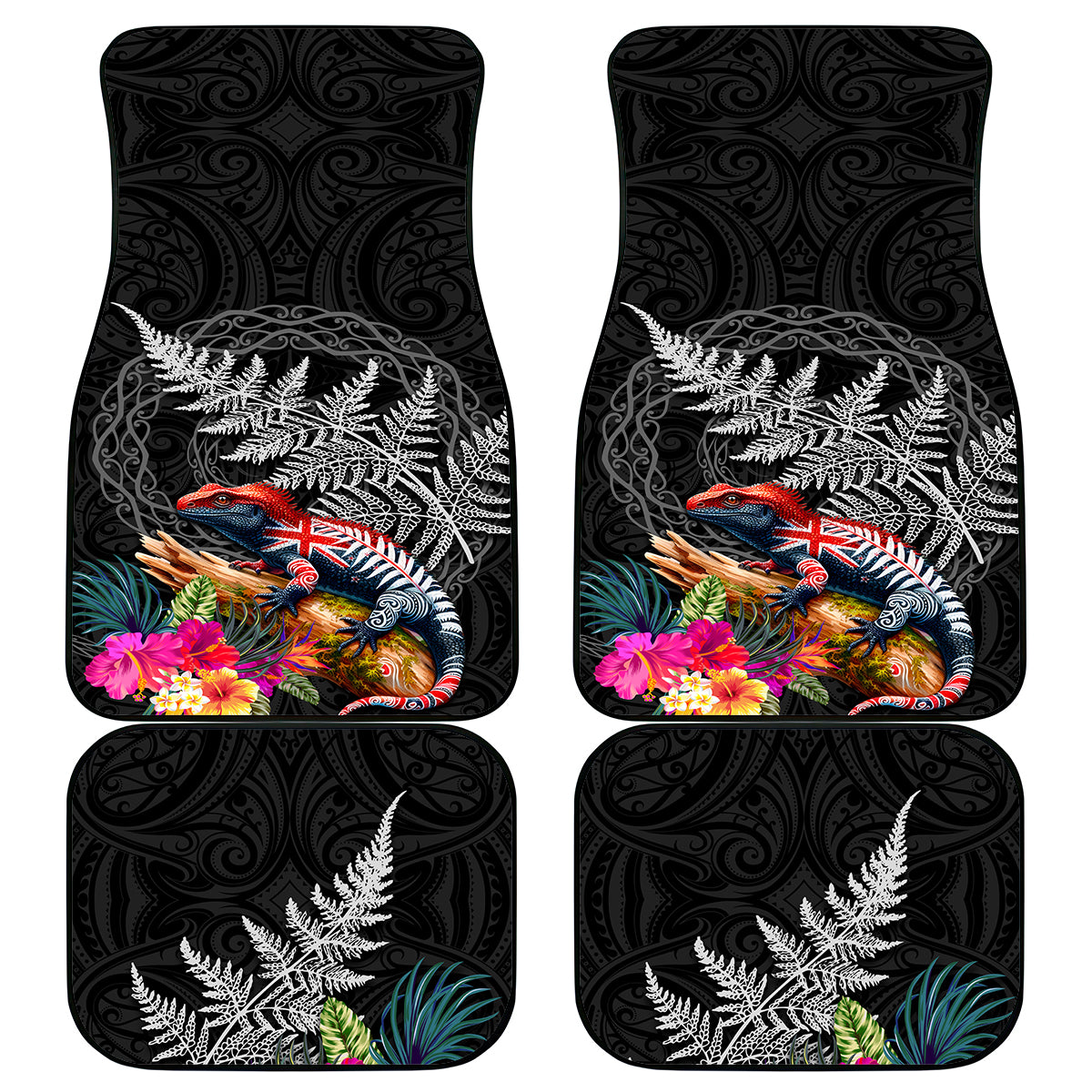 New Zealand Tuatara Car Mats Silver Fern Hibiscus and Tribal Maori Pattern Black Color LT03 - Polynesian Pride