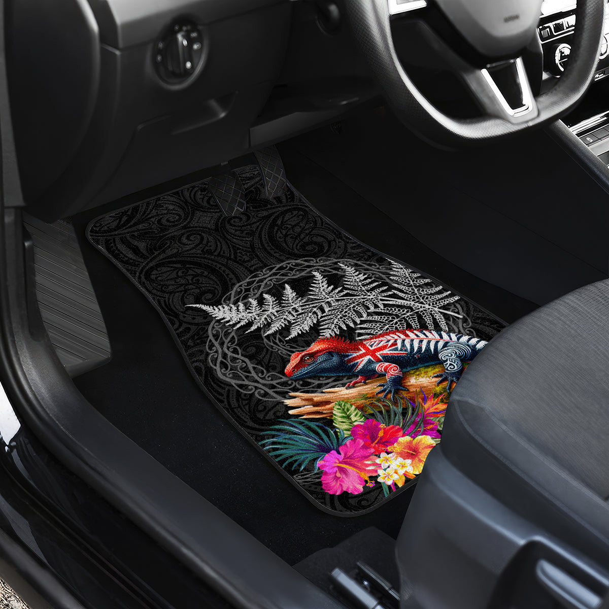 New Zealand Tuatara Car Mats Silver Fern Hibiscus and Tribal Maori Pattern Black Color LT03 - Polynesian Pride