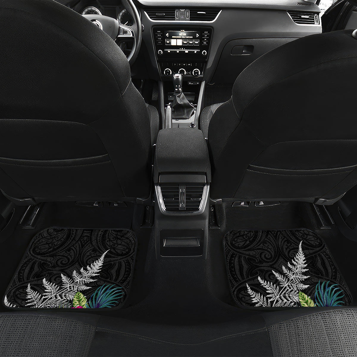 New Zealand Tuatara Car Mats Silver Fern Hibiscus and Tribal Maori Pattern Black Color LT03 Set 2pcs - Back Black - Polynesian Pride