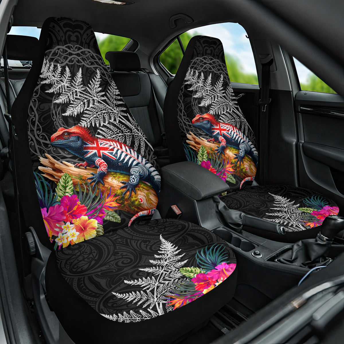New Zealand Tuatara Car Seat Cover Silver Fern Hibiscus and Tribal Maori Pattern Black Color LT03 One Size Black - Polynesian Pride