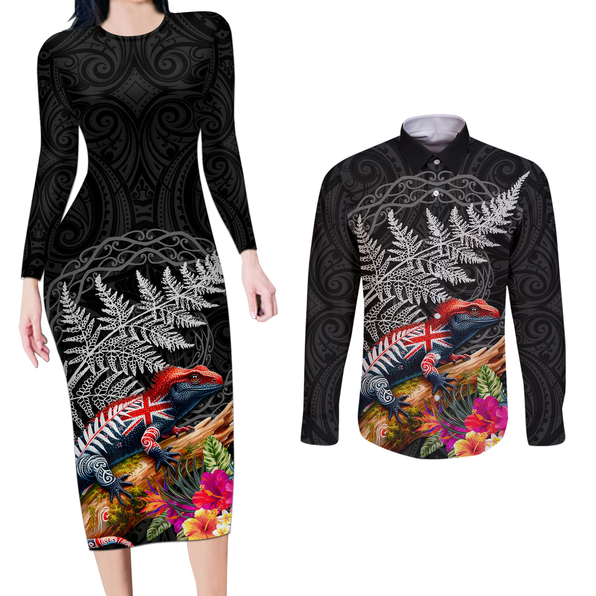 New Zealand Tuatara Couples Matching Long Sleeve Bodycon Dress and Long Sleeve Button Shirt Silver Fern Hibiscus and Tribal Maori Pattern Black Color LT03 Black - Polynesian Pride