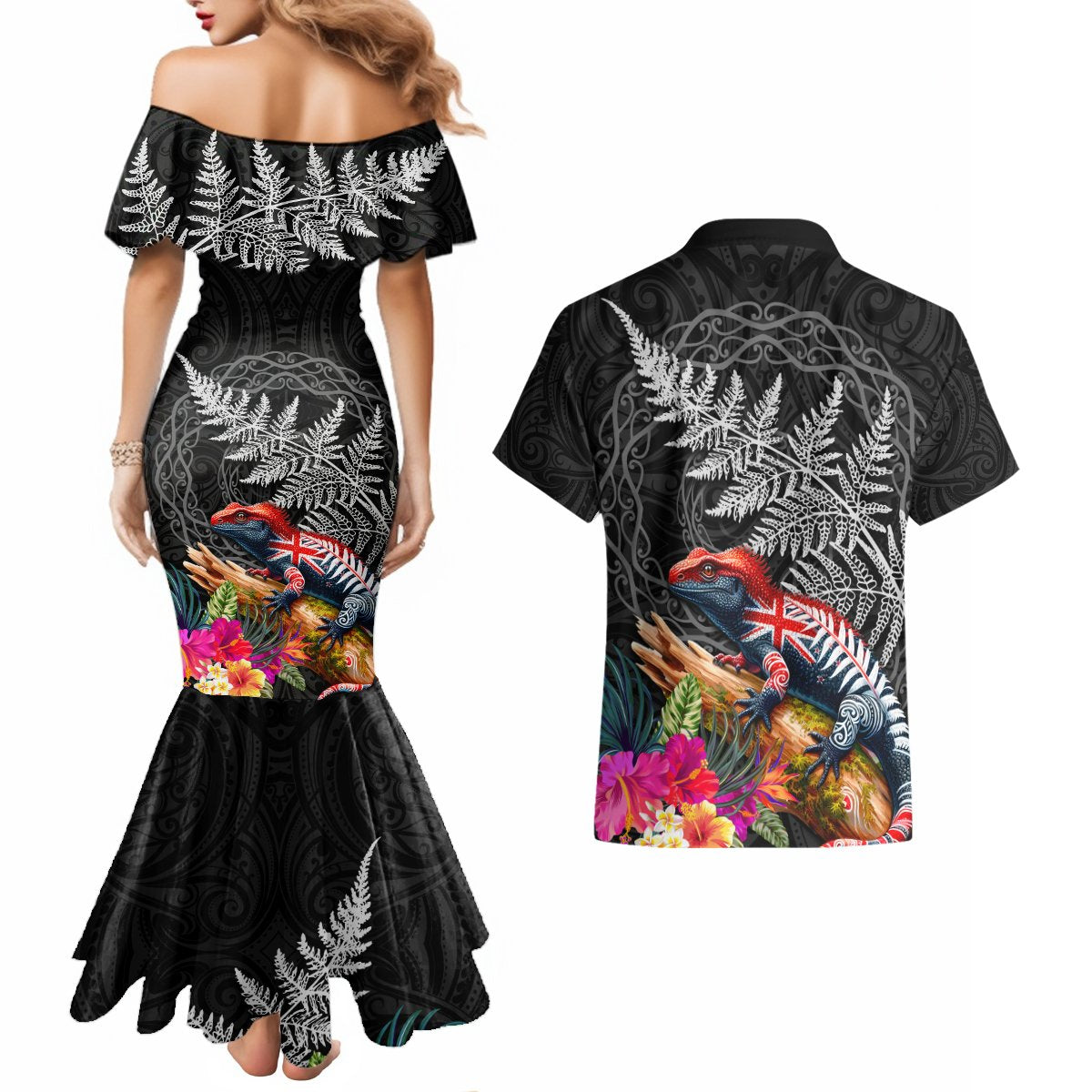 New Zealand Tuatara Couples Matching Mermaid Dress and Hawaiian Shirt Silver Fern Hibiscus and Tribal Maori Pattern Black Color LT03 - Polynesian Pride