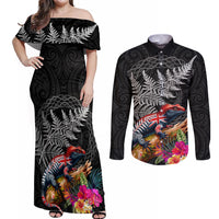 New Zealand Tuatara Couples Matching Off Shoulder Maxi Dress and Long Sleeve Button Shirt Silver Fern Hibiscus and Tribal Maori Pattern Black Color LT03 Black - Polynesian Pride