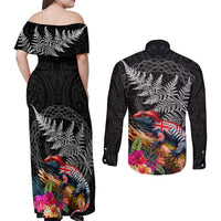 New Zealand Tuatara Couples Matching Off Shoulder Maxi Dress and Long Sleeve Button Shirt Silver Fern Hibiscus and Tribal Maori Pattern Black Color LT03 - Polynesian Pride