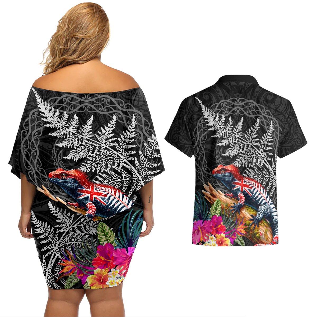 New Zealand Tuatara Couples Matching Off Shoulder Short Dress and Hawaiian Shirt Silver Fern Hibiscus and Tribal Maori Pattern Black Color LT03 - Polynesian Pride