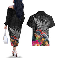 New Zealand Tuatara Couples Matching Off The Shoulder Long Sleeve Dress and Hawaiian Shirt Silver Fern Hibiscus and Tribal Maori Pattern Black Color LT03 - Polynesian Pride