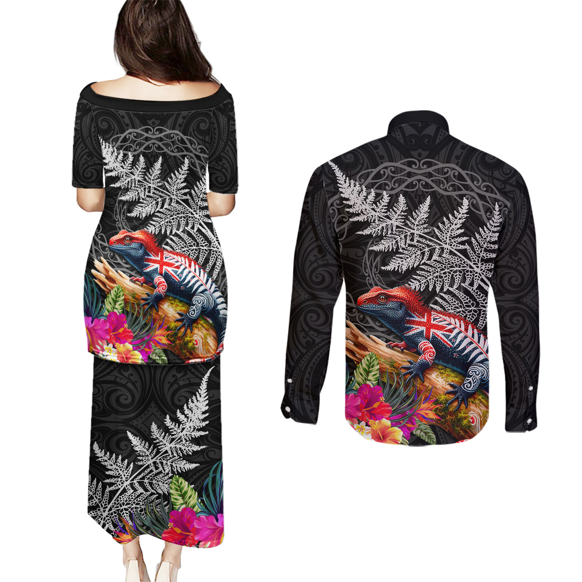 New Zealand Tuatara Couples Matching Puletasi and Long Sleeve Button Shirt Silver Fern Hibiscus and Tribal Maori Pattern Black Color LT03 - Polynesian Pride