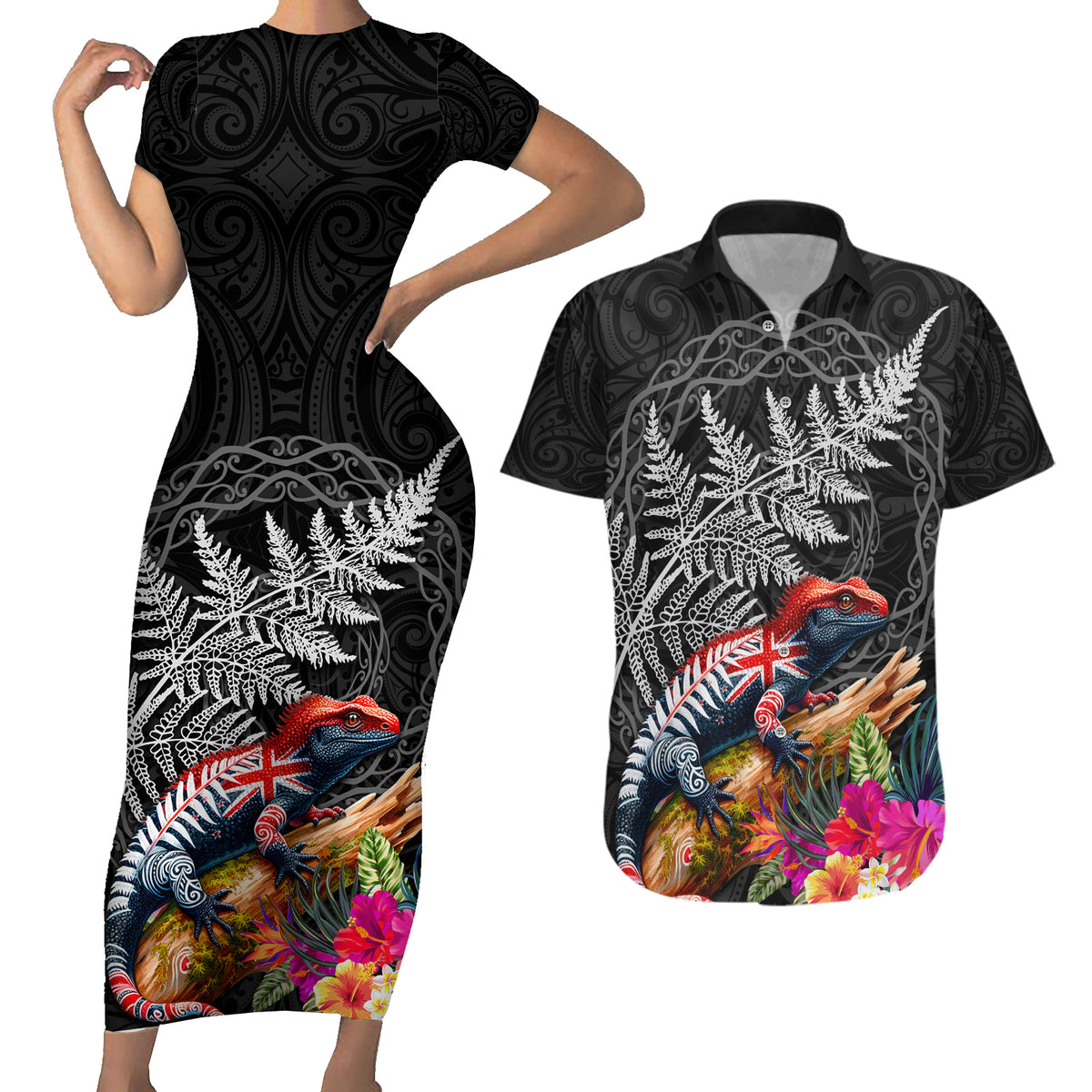 New Zealand Tuatara Couples Matching Short Sleeve Bodycon Dress and Hawaiian Shirt Silver Fern Hibiscus and Tribal Maori Pattern Black Color LT03 Black - Polynesian Pride