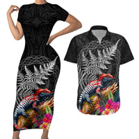 New Zealand Tuatara Couples Matching Short Sleeve Bodycon Dress and Hawaiian Shirt Silver Fern Hibiscus and Tribal Maori Pattern Black Color LT03 Black - Polynesian Pride