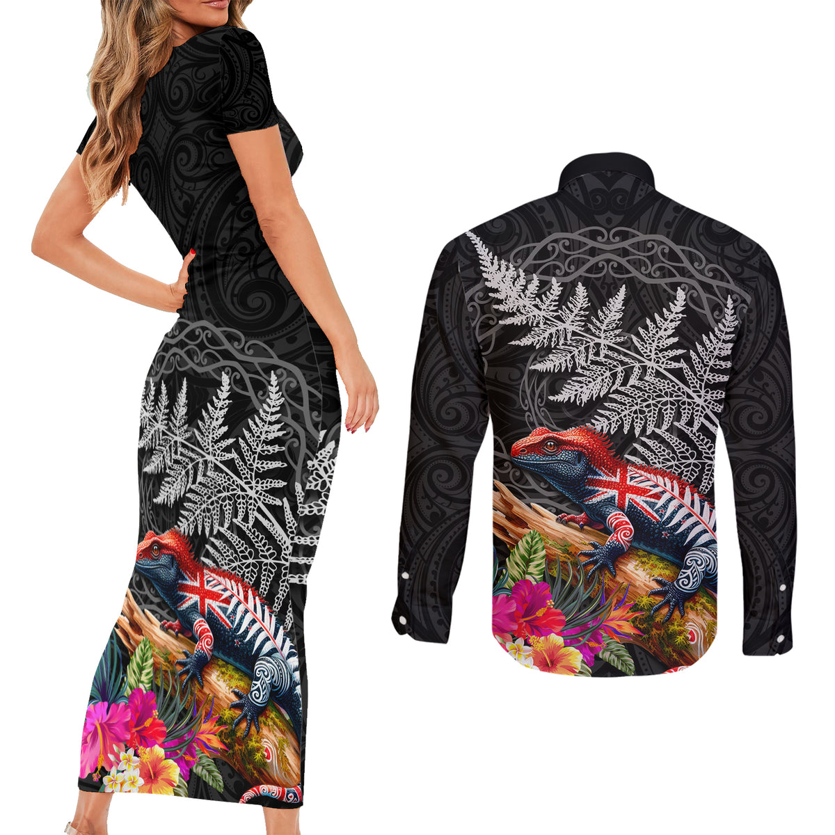 New Zealand Tuatara Couples Matching Short Sleeve Bodycon Dress and Long Sleeve Button Shirt Silver Fern Hibiscus and Tribal Maori Pattern Black Color LT03 - Polynesian Pride