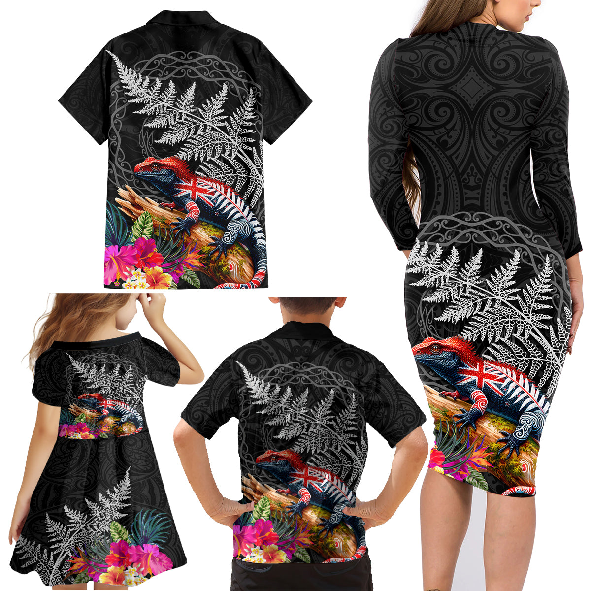 New Zealand Tuatara Family Matching Long Sleeve Bodycon Dress and Hawaiian Shirt Silver Fern Hibiscus and Tribal Maori Pattern Black Color LT03 - Polynesian Pride