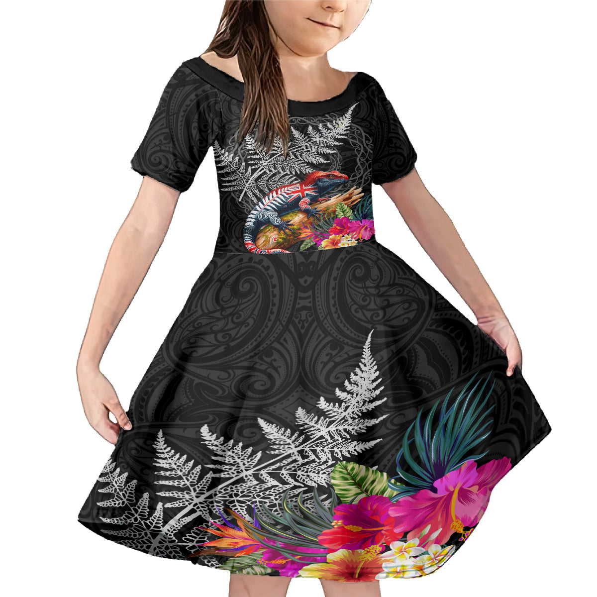 New Zealand Tuatara Family Matching Mermaid Dress and Hawaiian Shirt Silver Fern Hibiscus and Tribal Maori Pattern Black Color LT03 Daughter's Dress Black - Polynesian Pride