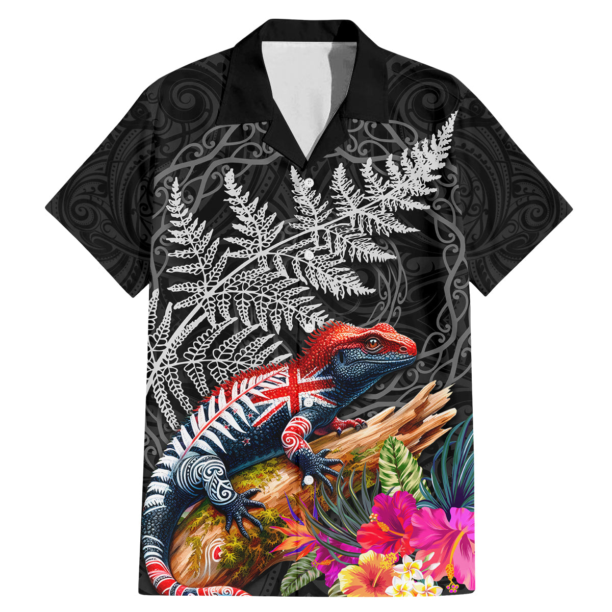 New Zealand Tuatara Family Matching Mermaid Dress and Hawaiian Shirt Silver Fern Hibiscus and Tribal Maori Pattern Black Color LT03 Dad's Shirt - Short Sleeve Black - Polynesian Pride