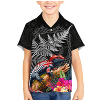 New Zealand Tuatara Family Matching Mermaid Dress and Hawaiian Shirt Silver Fern Hibiscus and Tribal Maori Pattern Black Color LT03 Son's Shirt Black - Polynesian Pride