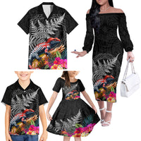 New Zealand Tuatara Family Matching Off The Shoulder Long Sleeve Dress and Hawaiian Shirt Silver Fern Hibiscus and Tribal Maori Pattern Black Color LT03 - Polynesian Pride
