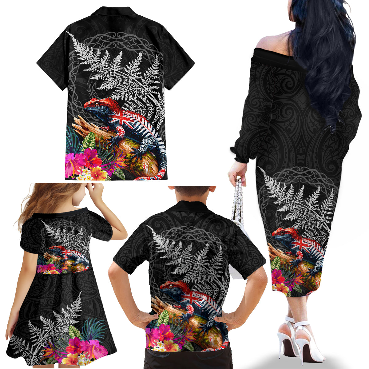 New Zealand Tuatara Family Matching Off The Shoulder Long Sleeve Dress and Hawaiian Shirt Silver Fern Hibiscus and Tribal Maori Pattern Black Color LT03 - Polynesian Pride
