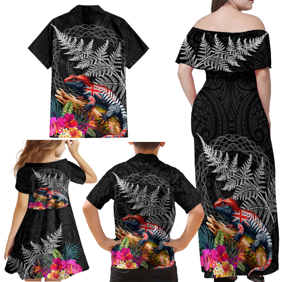 New Zealand Tuatara Family Matching Off Shoulder Maxi Dress and Hawaiian Shirt Silver Fern Hibiscus and Tribal Maori Pattern Black Color LT03 - Polynesian Pride