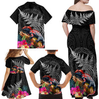 New Zealand Tuatara Family Matching Off Shoulder Maxi Dress and Hawaiian Shirt Silver Fern Hibiscus and Tribal Maori Pattern Black Color LT03 - Polynesian Pride