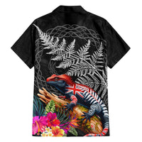 New Zealand Tuatara Family Matching Off Shoulder Maxi Dress and Hawaiian Shirt Silver Fern Hibiscus and Tribal Maori Pattern Black Color LT03 - Polynesian Pride