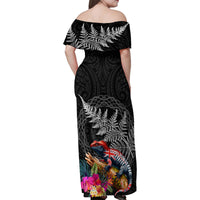New Zealand Tuatara Family Matching Off Shoulder Maxi Dress and Hawaiian Shirt Silver Fern Hibiscus and Tribal Maori Pattern Black Color LT03 - Polynesian Pride