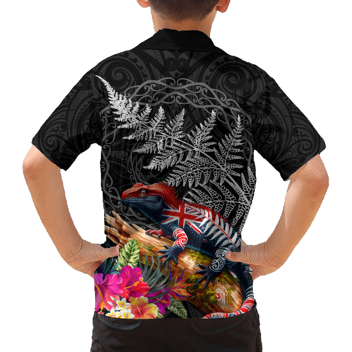 New Zealand Tuatara Family Matching Off Shoulder Short Dress and Hawaiian Shirt Silver Fern Hibiscus and Tribal Maori Pattern Black Color LT03 - Polynesian Pride