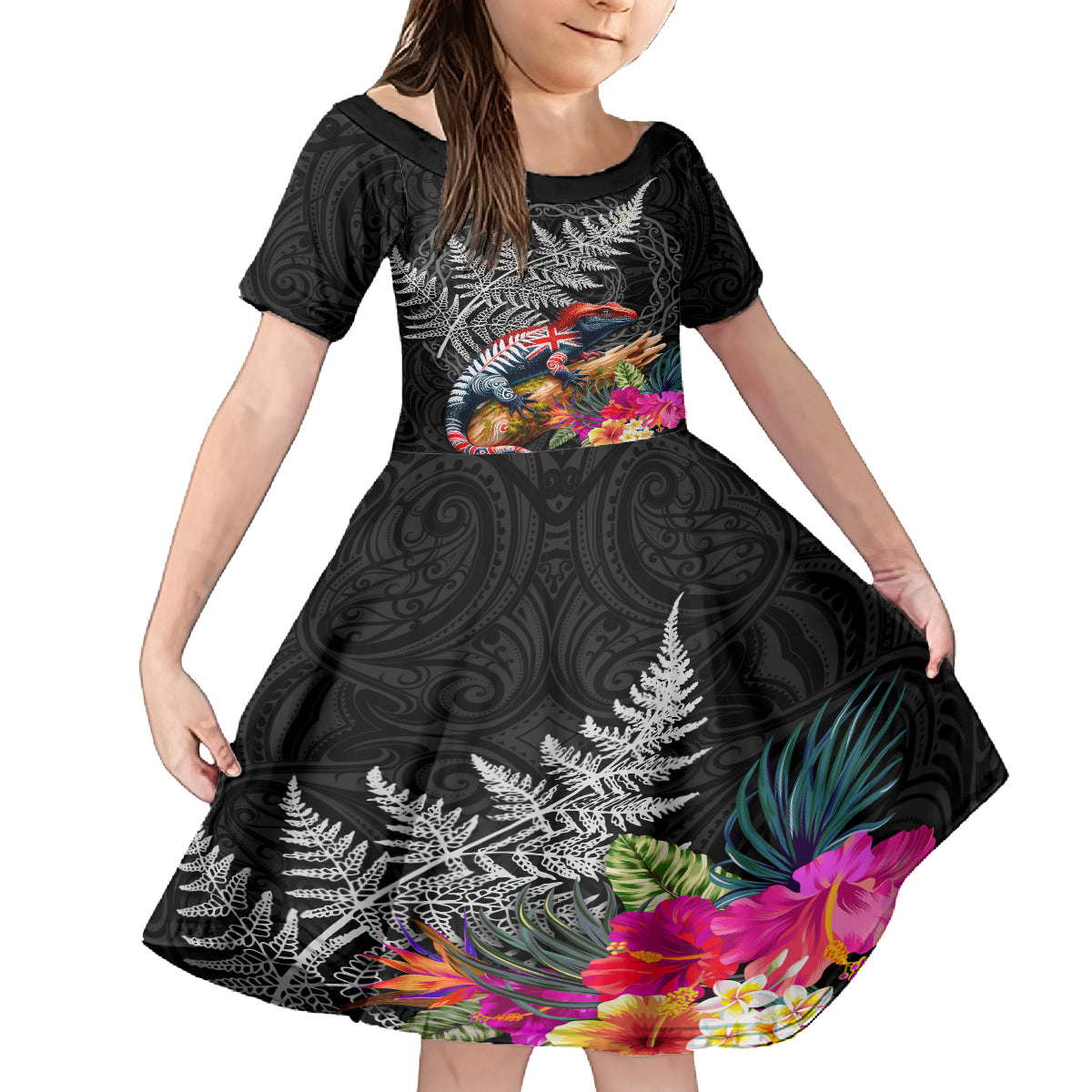 New Zealand Tuatara Family Matching Off Shoulder Short Dress and Hawaiian Shirt Silver Fern Hibiscus and Tribal Maori Pattern Black Color LT03 Daughter's Dress Black - Polynesian Pride