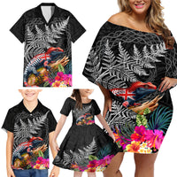 New Zealand Tuatara Family Matching Off Shoulder Short Dress and Hawaiian Shirt Silver Fern Hibiscus and Tribal Maori Pattern Black Color LT03 - Polynesian Pride
