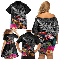 New Zealand Tuatara Family Matching Off Shoulder Short Dress and Hawaiian Shirt Silver Fern Hibiscus and Tribal Maori Pattern Black Color LT03 - Polynesian Pride