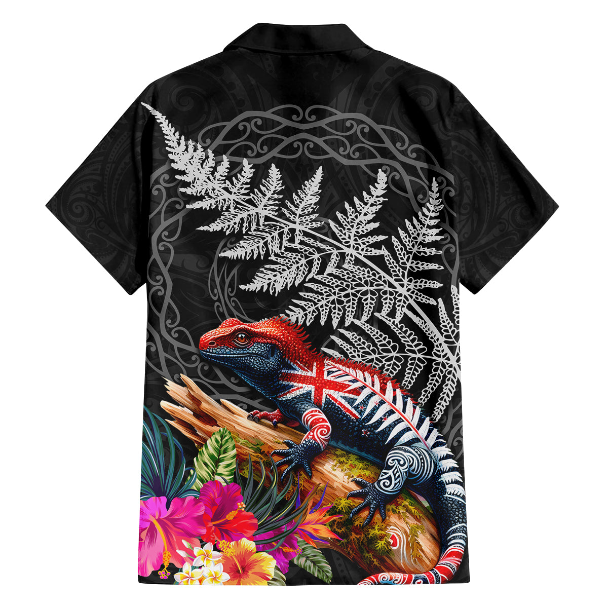 New Zealand Tuatara Family Matching Off Shoulder Short Dress and Hawaiian Shirt Silver Fern Hibiscus and Tribal Maori Pattern Black Color LT03 - Polynesian Pride