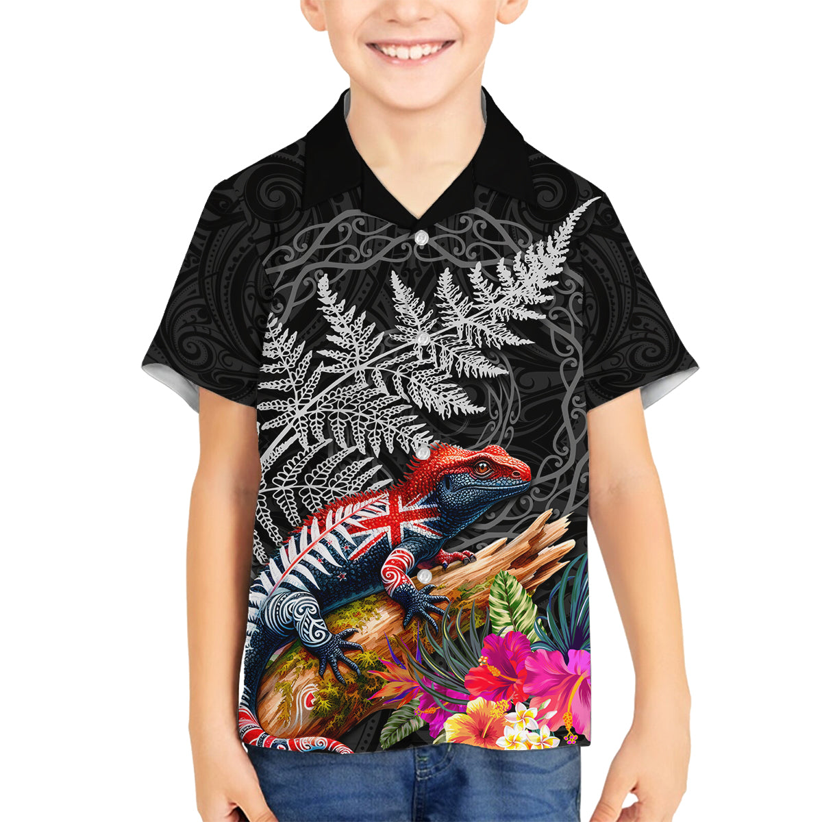 New Zealand Tuatara Family Matching Off Shoulder Short Dress and Hawaiian Shirt Silver Fern Hibiscus and Tribal Maori Pattern Black Color LT03 Son's Shirt Black - Polynesian Pride