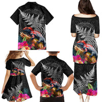 New Zealand Tuatara Family Matching Puletasi and Hawaiian Shirt Silver Fern Hibiscus and Tribal Maori Pattern Black Color LT03 - Polynesian Pride