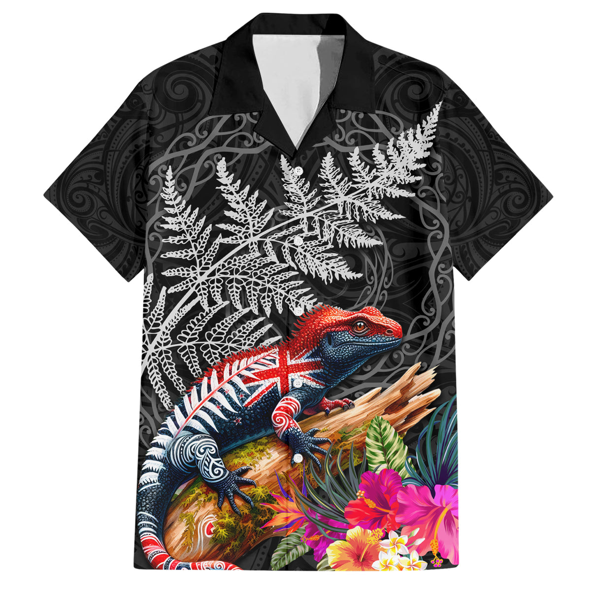 New Zealand Tuatara Family Matching Short Sleeve Bodycon Dress and Hawaiian Shirt Silver Fern Hibiscus and Tribal Maori Pattern Black Color LT03 Dad's Shirt - Short Sleeve Black - Polynesian Pride