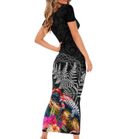 New Zealand Tuatara Family Matching Short Sleeve Bodycon Dress and Hawaiian Shirt Silver Fern Hibiscus and Tribal Maori Pattern Black Color LT03 - Polynesian Pride