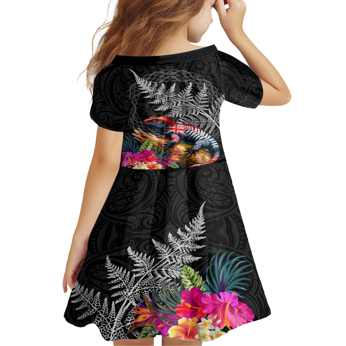 New Zealand Tuatara Family Matching Summer Maxi Dress and Hawaiian Shirt Silver Fern Hibiscus and Tribal Maori Pattern Black Color LT03 - Polynesian Pride