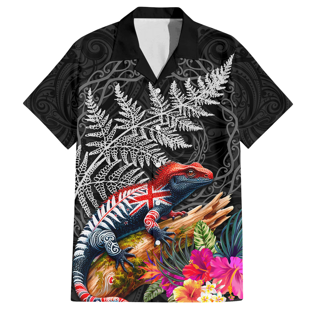 New Zealand Tuatara Family Matching Summer Maxi Dress and Hawaiian Shirt Silver Fern Hibiscus and Tribal Maori Pattern Black Color LT03 Dad's Shirt - Short Sleeve Black - Polynesian Pride