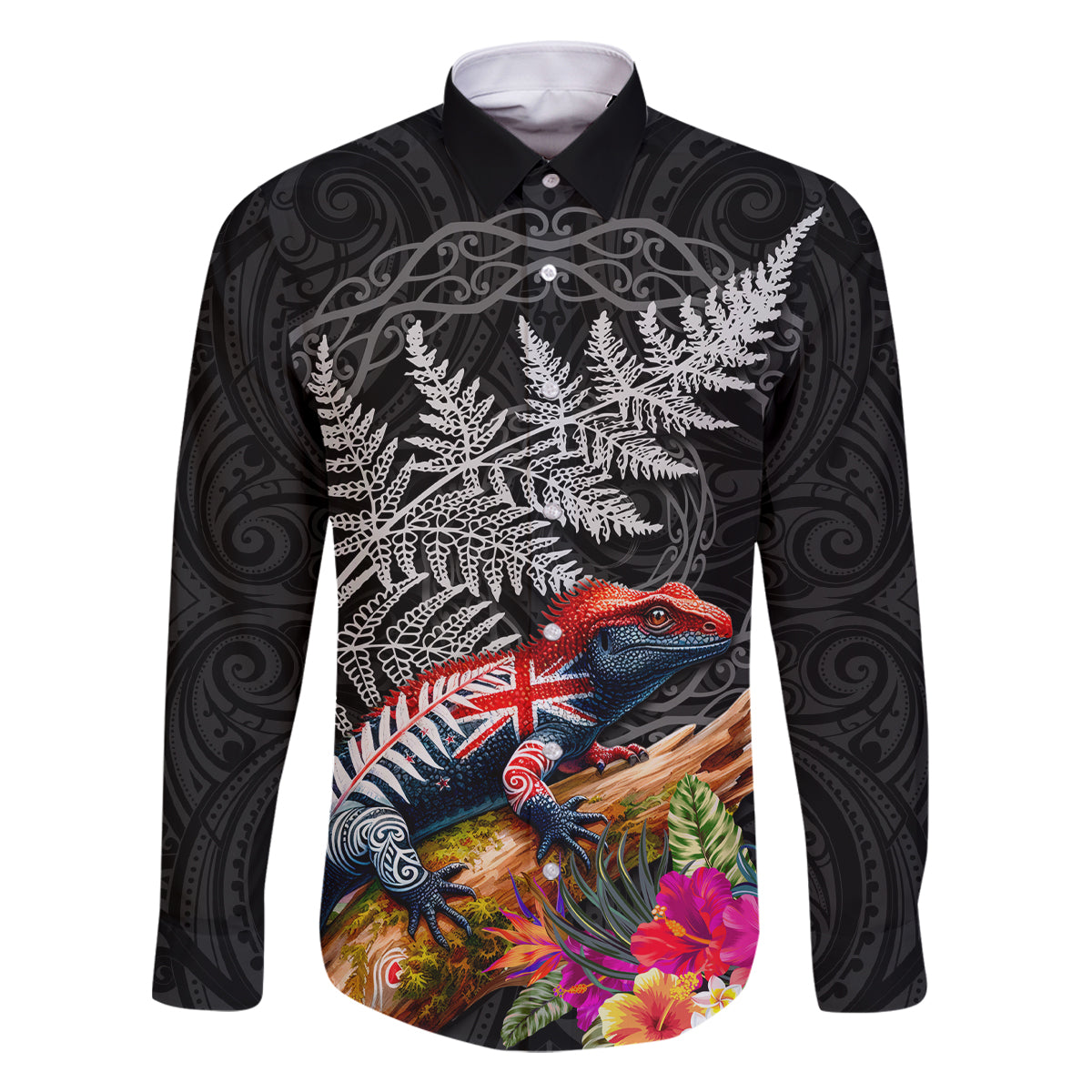 New Zealand Tuatara Family Matching Summer Maxi Dress and Hawaiian Shirt Silver Fern Hibiscus and Tribal Maori Pattern Black Color LT03 Dad's Shirt - Long Sleeve Black - Polynesian Pride