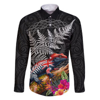 New Zealand Tuatara Family Matching Summer Maxi Dress and Hawaiian Shirt Silver Fern Hibiscus and Tribal Maori Pattern Black Color LT03 Dad's Shirt - Long Sleeve Black - Polynesian Pride