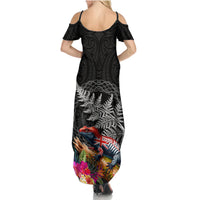 New Zealand Tuatara Family Matching Summer Maxi Dress and Hawaiian Shirt Silver Fern Hibiscus and Tribal Maori Pattern Black Color LT03 - Polynesian Pride