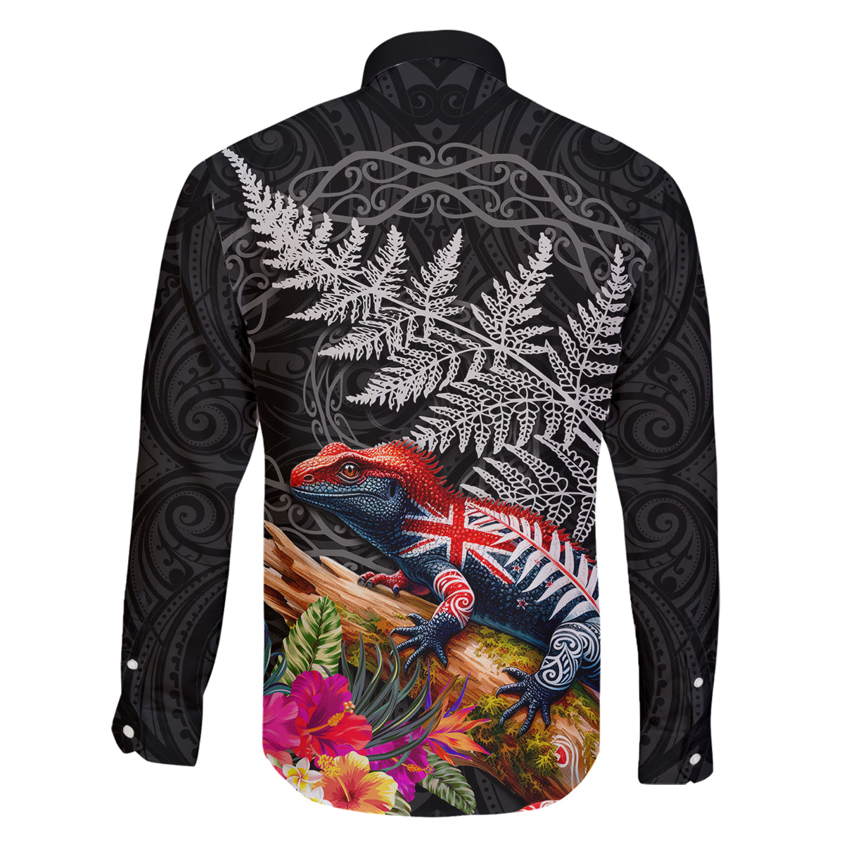 New Zealand Tuatara Family Matching Tank Maxi Dress and Hawaiian Shirt Silver Fern Hibiscus and Tribal Maori Pattern Black Color LT03 - Polynesian Pride
