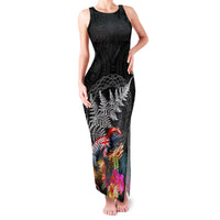 New Zealand Tuatara Family Matching Tank Maxi Dress and Hawaiian Shirt Silver Fern Hibiscus and Tribal Maori Pattern Black Color LT03 Mom's Dress Black - Polynesian Pride