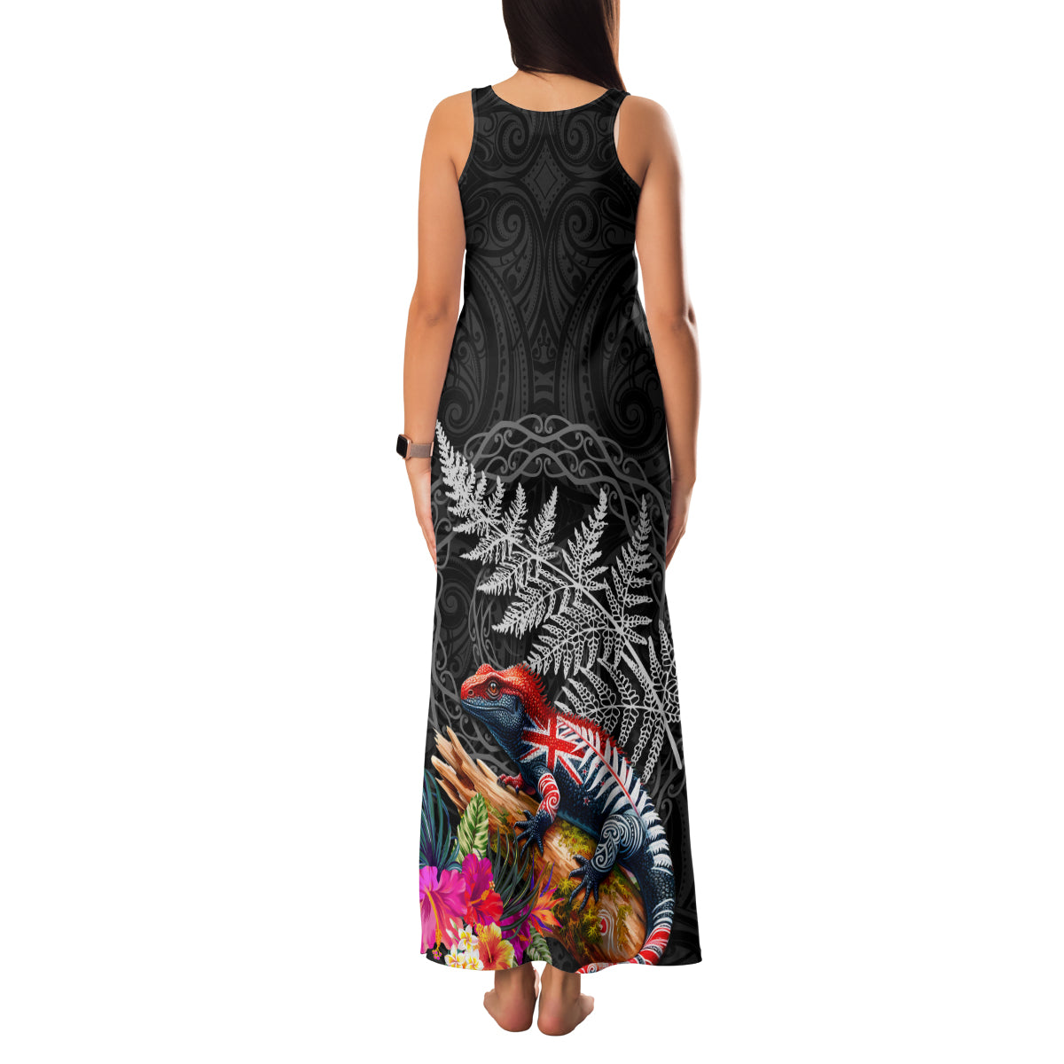 New Zealand Tuatara Family Matching Tank Maxi Dress and Hawaiian Shirt Silver Fern Hibiscus and Tribal Maori Pattern Black Color LT03 - Polynesian Pride