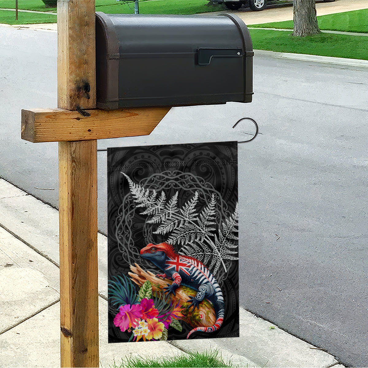 New Zealand Tuatara Garden Flag Silver Fern Hibiscus and Tribal Maori Pattern Black Color LT03 - Polynesian Pride