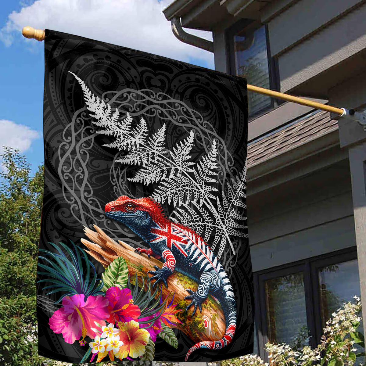 New Zealand Tuatara Garden Flag Silver Fern Hibiscus and Tribal Maori Pattern Black Color LT03 - Polynesian Pride