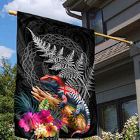 New Zealand Tuatara Garden Flag Silver Fern Hibiscus and Tribal Maori Pattern Black Color LT03 - Polynesian Pride
