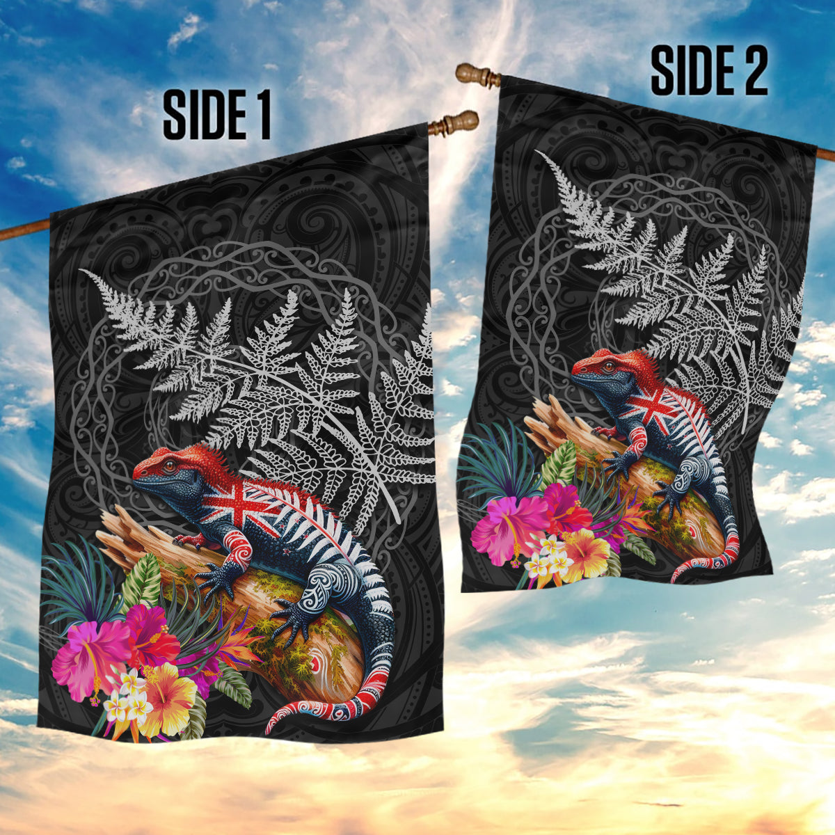 New Zealand Tuatara Garden Flag Silver Fern Hibiscus and Tribal Maori Pattern Black Color LT03 - Polynesian Pride