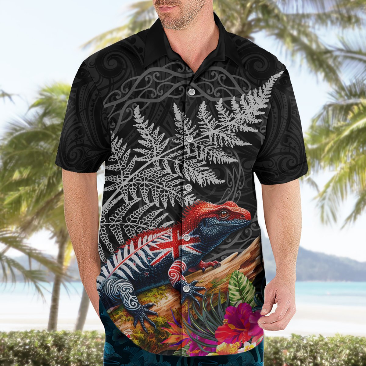 New Zealand Tuatara Hawaiian Shirt Silver Fern Hibiscus and Tribal Maori Pattern Black Color LT03 - Polynesian Pride