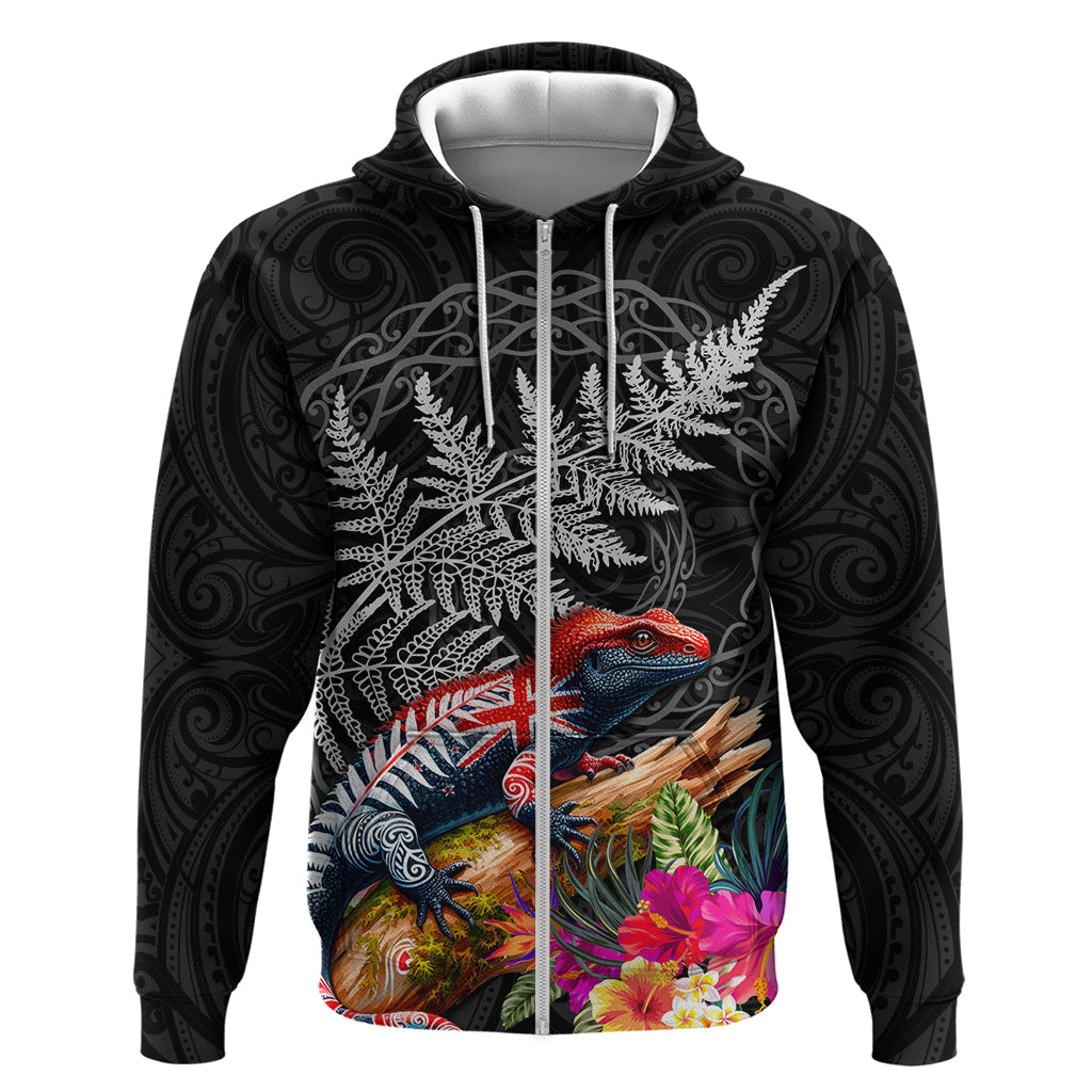 New Zealand Tuatara Hoodie Silver Fern Hibiscus and Tribal Maori Pattern Black Color LT03 Zip Hoodie Black - Polynesian Pride